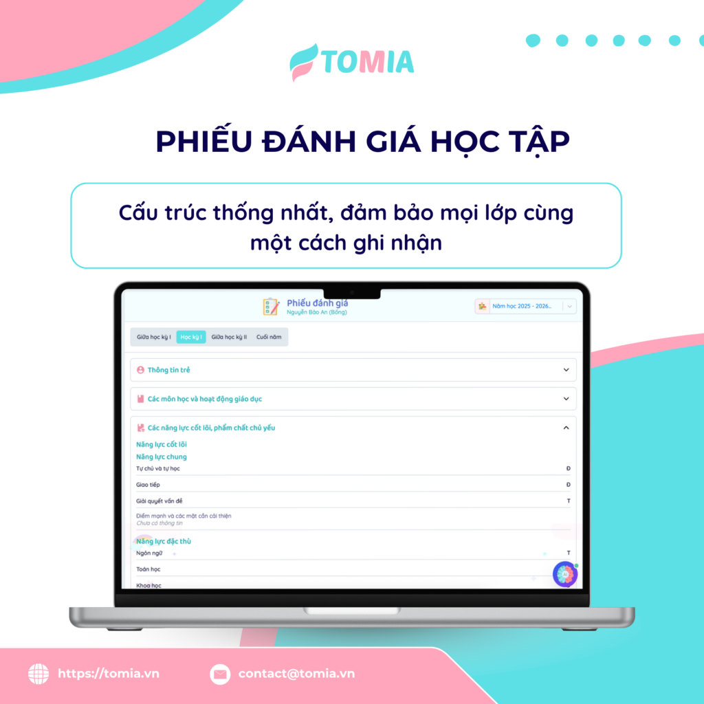 TOMIA phần mềm quản lý trường học - Phiếu đánh giá học tập